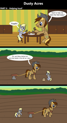 Size: 1920x3516 | Tagged: safe, artist:platinumdrop, derpibooru import, derpy hooves, oc, oc:dusty hooves, comic:dusty acres, series:technoverse, g4, 3 panel comic, bag, comic, commission, dialogue, female, filly, foal, food, muffin, plow, seeds, speech bubble, younger