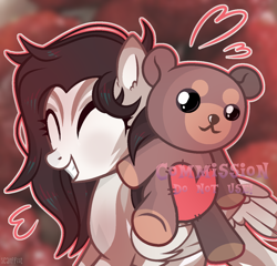 Size: 1920x1846 | Tagged: safe, artist:scarffist, derpibooru import, oc, oc only, pegasus, pony, commission, cute, eyes closed, happy, heart, long hair, long mane, plushie, solo, teddy bear, toy, wings, ych result