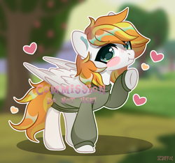 Size: 1581x1481 | Tagged: safe, artist:scarffist, derpibooru import, oc, oc only, pegasus, pony, base used, clothes, commission, full body, green eyes, heart, orange mane, solo, ych result