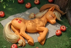 Size: 1440x984 | Tagged: safe, ai content, derpibooru import, machine learning generated, applejack, earth pony, pony, g4, apple, belly, eyes closed, food, hat, lying down, on side, prompter:zvezdochet, sleeping, solo, sternocleidomastoid, underhoof