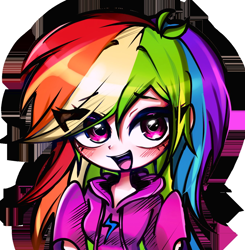 Size: 1350x1380 | Tagged: safe, artist:pulse, derpibooru import, rainbow dash, human, g4, blushing, bust, clothes, eye clipping through hair, eyebrows, eyebrows visible through hair, female, hoodie, humanized, looking at you, multicolored hair, open mouth, open smile, rainbow hair, smiling, smiling at you, solo