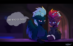 Size: 2691x1696 | Tagged: safe, artist:cmdrtempest, derpibooru import, oc, oc only, oc:dark skroll, oc:tempest revenant, hippogriff, pony, unicorn, bar, clothes, duo, hoodie, horn, looking at you, smoking, sunset, talking