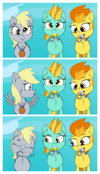 Size: 2300x3984 | Tagged: safe, artist:chopsticks, derpibooru import, derpy hooves, lightning dust, spitfire, pegasus, pony, g4, parental glideance, 3 panel comic, cheek fluff, chest fluff, comic, cute, cutefire, derpabetes, derpy being derpy, dustabetes, ear fluff, ears, eye clipping through hair, eyebrows, eyebrows visible through hair, female, filly, foal, head tilt, looking at you, medal, meme, mouth hold, nom, olympics, paris 2024, ponified, ponified meme, scene interpretation, sky, species swap, spread wings, stray strand, text, wing hands, wing hold, wings, younger