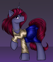 Size: 2244x2644 | Tagged: safe, artist:darklight1315, derpibooru import, oc, oc only, oc:shard, pony, unicorn, fallout equestria, clothes, concept art, fallout equestria: mayday, horn, jewelry, necklace, pearl necklace, pre-war, skirt, solo