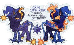 Size: 2048x1252 | Tagged: safe, artist:cingulomana, derpibooru import, part of a set, oc, oc only, oc:sun striker, hybrid, kirin, nirik, alternate universe, bags under eyes, big horn, blue text, cape, chest fluff, claws, clothes, colored ear fluff, colored hooves, colored legs, colored pinnae, ear fluff, ear tufts, ears, element of harmony, eye markings, eyeshadow, fiery eyes, fluffy mane, golden eyes, hat, hooves, horn, kirin oc, large horn, leg fluff, leg markings, leg stripes, leonine tail, lidded eyes, long mane, makeup, mane of fire, orange eyes, outline, purple coat, purple eyeshadow, raised leg, simple background, smiling, solo, spiky tail, stripes, tail, tail of fire, text, thin, thin tail, transparent background, two toned eyes, unshorn fetlocks, wall of tags, watermark, wingding eyes, wizard hat, yellow hooves