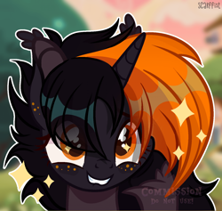 Size: 1920x1818 | Tagged: safe, artist:scarffist, derpibooru import, oc, oc only, bat pony, pony, base used, black mane, bust, commission, cute, horn, orange eyes, portrait, solo, ych result