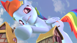 Size: 1920x1080 | Tagged: safe, artist:jeroen01, derpibooru import, rainbow dash, pegasus, pony, g4, 3d, female, giant pony, giantess, macro, mare, ponyville, solo