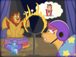 Size: 3510x2646 | Tagged: safe, artist:babclayton, derpibooru import, scootaloo, trixie, manticore, pegasus, pony, unicorn, g4, bucket, cape, clothes, curtains, fanfic art, fire, hat, helmet, hoop, horn, kfc, licking, licking lips, meme, moonshot manticore mouth dive, pony cannonball, scootachicken, spotlight, stage, this will end in fried chicken, this will end in tears and/or death and/or covered in tree sap, tongue, tongue out, trixie's cannon, trixie's cape, trixie's hat