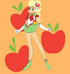 Size: 1125x1180 | Tagged: safe, artist:theemperorofhonor, derpibooru import, applejack, equestria girls, g4, clothes, cosplay, costume, gloves, sailor applejack, sailor moon (series), shirt, shoes, skirt, solo