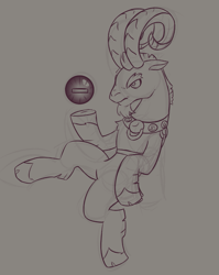 Size: 835x1051 | Tagged: safe, artist:alex6886, derpibooru import, grogar, sheep, g4, bovine, crystal ball, facial hair, goatee, gray background, grogar's orb, horns, lineart, male, monochrome, ram, simple background, sketch, solo