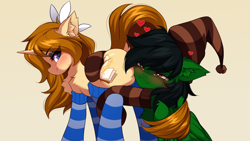 Size: 1920x1080 | Tagged: safe, artist:airiniblock, derpibooru import, oc, oc only, oc:remixed cereal, oc:vanilla, earth pony, pony, unicorn, blushing, bow, butt, butthug, chest fluff, clothes, duo, ear fluff, ears, earth pony oc, gradient background, hat, heart, heart eyes, horn, hug, looking back, plot, shipping, socks, striped socks, unicorn oc, wingding eyes