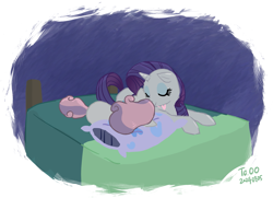 Size: 2235x1616 | Tagged: safe, artist:siemensohm, derpibooru import, rarity, sweetie belle, pony, unicorn, g4, bed, belle sisters, cute, daaaaaaaaaaaw, duo, duo female, eyes closed, female, filly, floating heart, foal, heart, horn, lying down, mare, nuzzling, on bed, prone, sibling love, siblings, sisterly love, sisters, sleeping