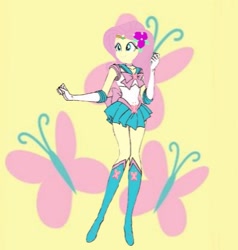 Size: 1125x1180 | Tagged: safe, artist:theemperorofhonor, derpibooru import, fluttershy, equestria girls, g4, boots, clothes, cosplay, costume, gloves, high heel boots, sailor fluttershy, sailor mercury, sailor mercury boots, sailor moon (series), shirt, shoes, skirt, solo