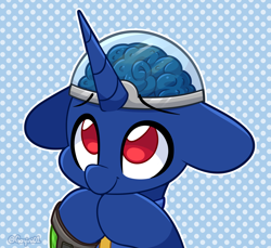 Size: 4000x3664 | Tagged: safe, artist:goyini01, derpibooru import, oc, oc only, oc:bit shift, pony, unicorn, fallout equestria, blue coat, brain, clothes, commission, cute, dome, ears back, high res, hooves together, horn, jumpsuit, looking up, male, organs, pipbuck, pleading, polka dot background, red eyes, solo, stallion, vault suit