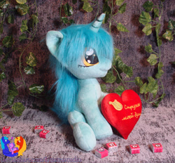 Size: 2278x2117 | Tagged: safe, artist:1stastrastudio, derpibooru import, lyra heartstrings, pony, unicorn, g4, cyrillic, heart, heart plush, horn, irl, photo, plushie, russian, solo