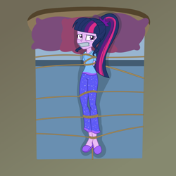 Size: 2500x2500 | Tagged: safe, artist:nie-martw-sie-o-mnie, derpibooru import, part of a set, sci-twi, twilight sparkle, human, equestria girls, g4, bed, bondage, clothes, female, femsub, gag, lying down, on back, pajamas, pillow, rope, rope bondage, slippers, solo, submissive, tape, tape gag, tied down, twisub