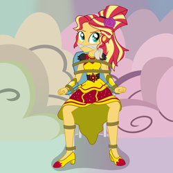 Size: 2500x2500 | Tagged: safe, artist:nie-martw-sie-o-mnie, derpibooru import, part of a set, sunset shimmer, human, dance magic, equestria girls, g4, bondage, chair bondage, cleave gag, cloth gag, equestria girls specials, female, femsub, flamenco dress, gag, high heels, rope, rope bondage, shoes, solo, submissive, subset, sunset shimmer flamenco dress