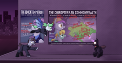 Size: 4055x2103 | Tagged: safe, artist:moonatik, derpibooru import, oc, earth pony, pony, unicorn, equestria at war mod, alternate timeline, balaclava, boots, business suit, chiropterra, clothes, cowboy hat, earth pony oc, female, filly, foal, graffiti, hair bun, hat, horn, male, map, mare, new lunar millennium, nightmare takeover timeline, police, police officer, police uniform, ponytail, poster, propaganda, shoes, stallion, unicorn oc, unnamed oc, vandalism, wall