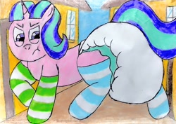 Size: 3178x2252 | Tagged: safe, artist:bitter sweetness, derpibooru import, starlight glimmer, pony, unicorn, g4, :t, abdl, adult foal, blue sky, clothes, diaper, diaper fetish, dirt road, disgusted, fetish, horn, in our town, non-baby in diaper, poofy diaper, socks, striped socks, traditional art