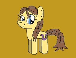 Size: 752x568 | Tagged: safe, artist:bikinithefangirlfanclub24, derpibooru import, heidi hay, earth pony, pony, g4, braid, braided pigtails, closed mouth, cute, dark yellow background, deviantart muro, drawn on deviantart muro, female, filly, foal, heidibetes, pigtails, simple background, smiling, solo