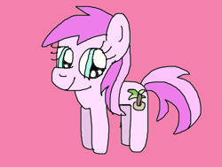 Size: 752x568 | Tagged: safe, artist:bikinithefangirlfanclub24, derpibooru import, piña colada, earth pony, pony, g4, closed mouth, cute, deviantart muro, drawn on deviantart muro, female, filly, foal, pink background, piña cutelada, simple background, smiling, solo