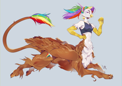 Size: 3832x2704 | Tagged: safe, artist:satway, derpibooru import, oc, oc only, oc:rainbow feather, hippogriff, taur, belly, belly button, clothes, fluffy, griffontaur, interspecies offspring, magical lesbian spawn, offspring, parent:gilda, parent:rainbow dash, parents:gildash, running, solo, thin