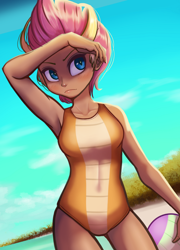 Size: 720x1000 | Tagged: safe, artist:the-park, derpibooru import, smolder, human, g4, beach, beach ball, clothes, commission, female, humanized, one-piece swimsuit, solo, swimsuit