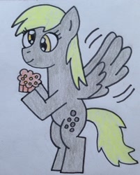 Size: 1816x2257 | Tagged: safe, artist:dragonpriness, derpibooru import, derpy hooves, pegasus, pony, g4, female, flying, mare, muffin, smiling, solo, that pony sure does love muffins, traditional art