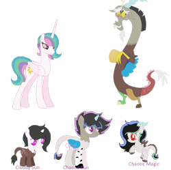 Size: 1024x1020 | Tagged: safe, artist:mysteryponygirlz, artist:selenaede, derpibooru import, discord, princess celestia, oc, oc:chaotic sun, oc:chaoticmagic, oc:cloudy sun, alicorn, draconequus, hybrid, g4, alternate hairstyle, base used, dislestia, father and child, father and daughter, female, filly, foal, group, husband and wife, interspecies offspring, male, mare, married couple, mother and child, mother and daughter, offspring, parent and child, parent:discord, parent:princess celestia, parents:dislestia, shipping, siblings, simple background, sisters, straight, transparent background