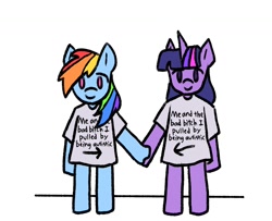 Size: 1600x1300 | Tagged: safe, artist:doggoisadummy, derpibooru import, rainbow dash, twilight sparkle, unicorn twilight, pegasus, semi-anthro, unicorn, g4, clothes, duo, duo female, female, holding hooves, lesbian, mare, shipping, shirt, simple background, t-shirt, twidash, white background