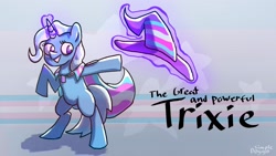 Size: 3200x1800 | Tagged: safe, artist:doggoisadummy, derpibooru import, trixie, pony, unicorn, g4, cape, clothes, female, hat, horn, magic, mare, pride, pride flag, solo, telekinesis, trans trixie, transgender, transgender pride flag, witch hat