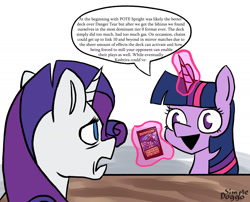 Size: 2000x1617 | Tagged: safe, artist:doggoisadummy, derpibooru import, rarity, twilight sparkle, pony, unicorn, g4, dialogue, duo, duo female, female, horn, magic, mare, speech bubble, telekinesis, yu-gi-oh!