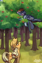 Size: 2000x3000 | Tagged: safe, artist:doggoisadummy, derpibooru import, applejack, rainbow dash, earth pony, pegasus, pony, g4, appledash, blushing, duo, duo female, female, high res, in a tree, lesbian, looking at each other, looking at someone, lying down, mare, on back, shipping, signature, tree