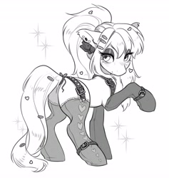 Size: 3886x4096 | Tagged: safe, artist:opalacorn, derpibooru import, oc, oc only, earth pony, pony, black and white, bracelet, butt, clothes, ear piercing, earring, female, garter belt, grayscale, jewelry, lidded eyes, looking at you, looking back, looking back at you, mare, monochrome, piercing, plot, simple background, solo, sparkles, stockings, thigh highs, white background