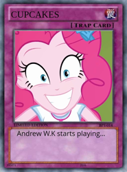 Size: 512x692 | Tagged: safe, artist:trrrebleee, derpibooru import, edit, edited screencap, screencap, pinkie pie, human, fanfic:cupcakes, equestria girls, g4, card, card game, cupcake, episode needed, food, meme, yu-gi-oh!, yugioh card