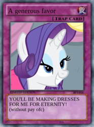 Size: 512x692 | Tagged: safe, artist:trrrebleee, derpibooru import, edit, edited screencap, screencap, rarity, unicorn, g4, card, card game, clothes, dress, horn, meme, yu-gi-oh!, yugioh card