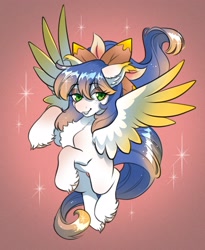 Size: 2303x2809 | Tagged: safe, artist:opalacorn, derpibooru import, oc, oc only, oc:honeysuckle, pegasus, pony, bow, chest fluff, colored wings, commission, ear fluff, ear tufts, ears, female, gradient background, gradient wings, hair bow, mare, solo, sparkles, spread wings, unshorn fetlocks, wings