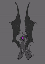 Size: 2671x3745 | Tagged: safe, artist:opalacorn, derpibooru import, oc, oc only, bat pony, pony, bat pony oc, black sclera, blood, chest fluff, commission, ear fluff, ears, fangs, female, floppy ears, glowing, glowing eyes, gray background, grayscale, large wings, mare, monochrome, partial color, simple background, solo, spread wings, unshorn fetlocks, wings