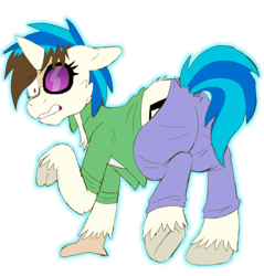 Size: 750x786 | Tagged: safe, artist:detectivecoon, derpibooru import, dj pon-3, vinyl scratch, human, pony, unicorn, g4, clothes, female, horn, human to pony, looking back, mid-transformation, pants, raised hoof, raised leg, shirt, simple background, solo, species swap, transformation, transparent background, unshorn fetlocks, vinyl's glasses