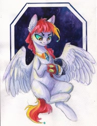 Size: 1737x2260 | Tagged: artist needed, safe, derpibooru import, oc, oc only, oc:luminarie, pegasus, pony, abstract background, peytral, spread wings, traditional art, watch, wings, wristwatch