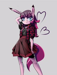 Size: 2478x3240 | Tagged: safe, artist:i love hurt, derpibooru import, oc, oc only, oc:garnet midnight, anthro, unicorn, clothes, commission, ear tufts, female, floating heart, gray background, heart, horn, long ears, shirt, simple background, skirt, solo