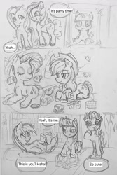 Size: 1055x1582 | Tagged: safe, artist:dashwooo, derpibooru import, applejack, fluttershy, pinkie pie, rainbow dash, rarity, starlight glimmer, twilight sparkle, twilight sparkle (alicorn), alicorn, earth pony, pegasus, pony, unicorn, g4, comic, doodle, horn, mane six, monochrome, paper, pencil drawing, traditional art