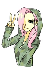 Size: 996x1495 | Tagged: safe, artist:dashwooo, derpibooru import, fluttershy, human, equestria girls, g4, camouflage, clothes, doodle, hoodie, one eye covered, peace sign, pony coloring, simple background, solo, white background