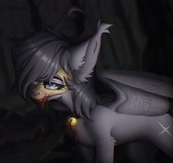 Size: 2973x2805 | Tagged: safe, artist:viryav, derpibooru import, oc, oc only, oc:kainy, pegasus, pony, blood, blue eyes, calm, collar, concave belly, dark forest, dark lighting, ear fluff, ears, eye clipping through hair, eyebrows, eyebrows visible through hair, female, female oc, fluffy, forest, forest background, gray body, grey hair, half body, implied hard vore, implied vore, looking at you, mare, mare oc, nature, night, partially open wings, skull, skull mask, slender, solo, tassels, thin, tree, wing fluff, wings