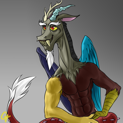 Size: 3000x3000 | Tagged: safe, artist:ctamina, derpibooru import, discord, draconequus, g4, gigachad, gradient background, horns, male, meme, mismatched wings, muscles, sitting, smiling, solo, tail, wings