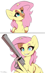 Size: 2500x4000 | Tagged: safe, artist:skitsroom, derpibooru import, fluttershy, pegasus, pony, g4, bait and switch, female, gun, gunshy, handgun, mare, revolver, shadow, simple background, solo, weapon, white background, wing hands, wings