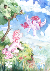 Size: 2808x3970 | Tagged: safe, artist:laymy, derpibooru import, heart throb, lickety-split, bird, earth pony, pegasus, pony, g1, bow, cute, duo, female, flower, flying, g1 licketybetes, heart throb can fly, heartthrobetes, mare, sitting, tail, tail bow, tree