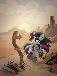 Size: 1536x2048 | Tagged: safe, artist:redjester, derpibooru import, oc, oc only, oc:heartsnake, pony, unicorn, fallout equestria, clothes, fallout equestria oc, horn, road sign, solo, vector, wasteland