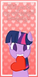 Size: 632x1264 | Tagged: safe, derpibooru import, twilight sparkle, pony, g4, balloon, dialogue, female, gradient background, heart, heart balloon, holiday, horn, mare, solo, teeth, text, valentine's day