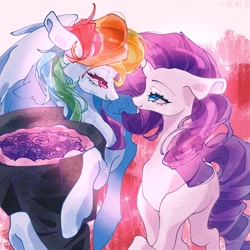 Size: 1918x1918 | Tagged: safe, artist:xinjinjumin172779558900, derpibooru import, rainbow dash, rarity, pegasus, pony, unicorn, g4, abstract background, bouquet, female, flower, horn, lesbian, looking at each other, looking at someone, mare, raridash, shipping, smiling, smiling at each other